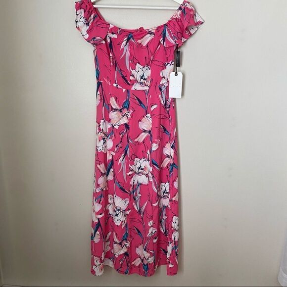 Leith Dress Floral Pink Sweetheart Neckline Midi Cocktail Casual Spring Formal - Picture 1 of 11
